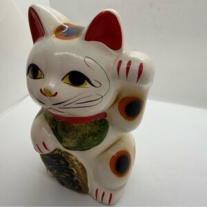 Ceramic White and Red Lucky/Beckoning Cat Figurine 6" Coin Bank